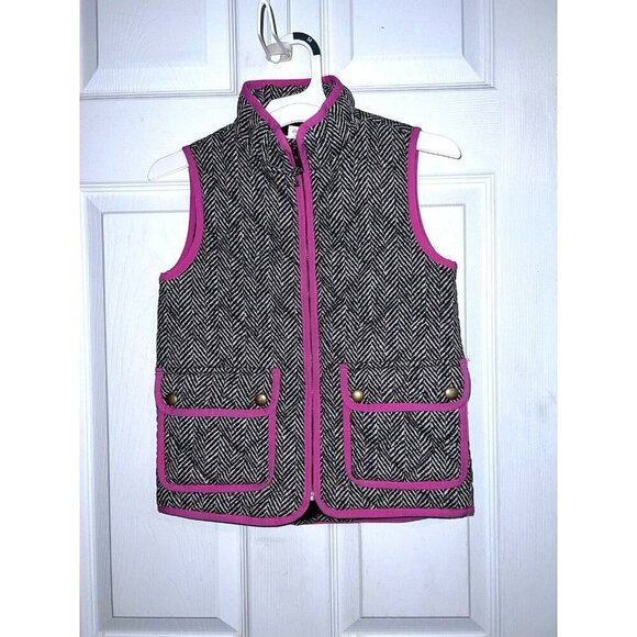 CREWCUTS Girls Gray Herringbone Pink Trim Zipper Puffer Vest Sz 6/7 - Picture 1 of 7